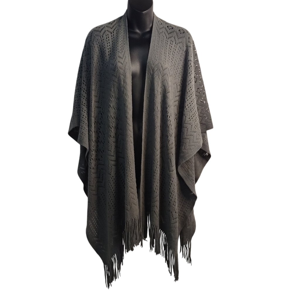 Soul Young Women's Green Fringed Knit Poncho Cardigan Cap Size One Size Fits All